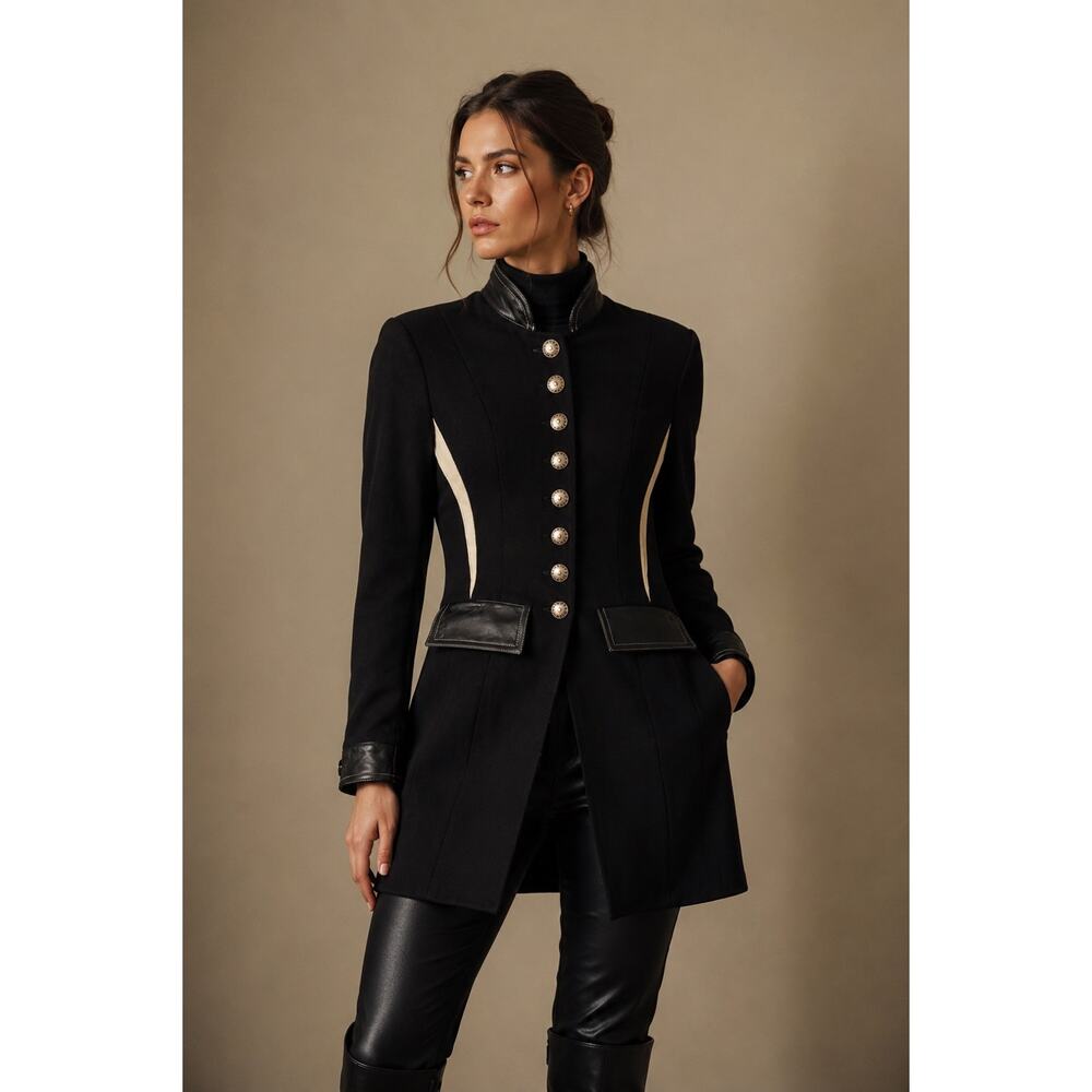 John Murrough 90s Equestrian Military Leather Trim Longline Fitted Jacket 2